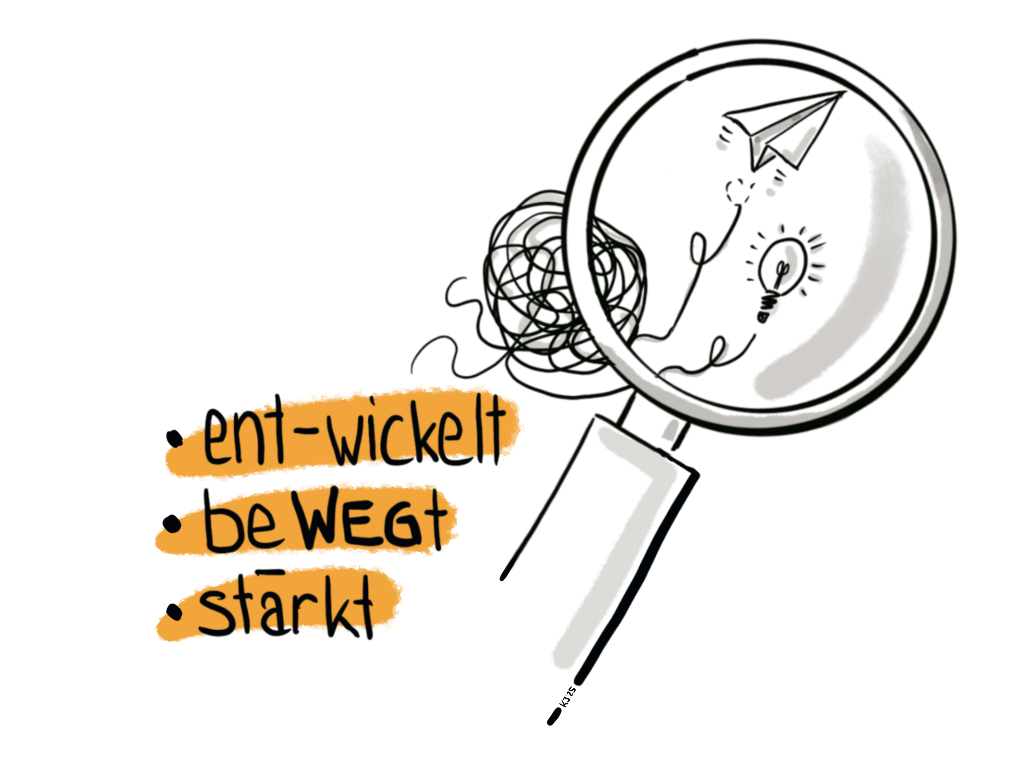 Lupe mit Slogan: ent-wickelt, bewegt, stärkt